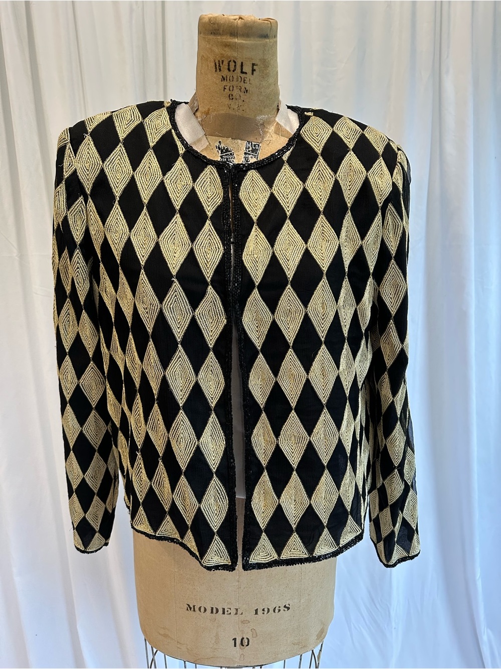Vintage Laurence Kazar Black and Cream Diamond-Pattern Silk Jacket
